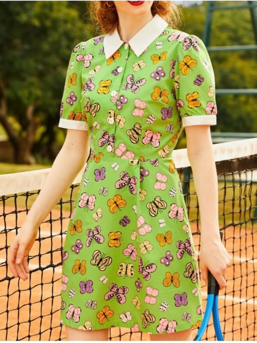 NWT Modcloth Green Butterfly-Print Short Sleeve Mini Dress with White Collar.16W - Picture 3 of 9